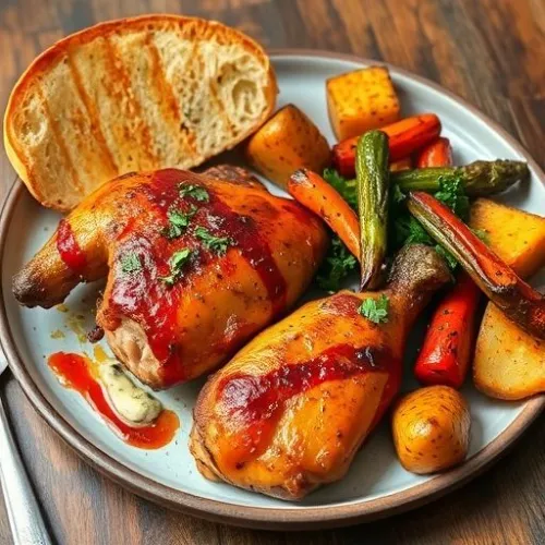 B.B.Q CHICKEN WITH POTATO WEDGES & GRILLED VEGGIES AND GARLIC BREAD